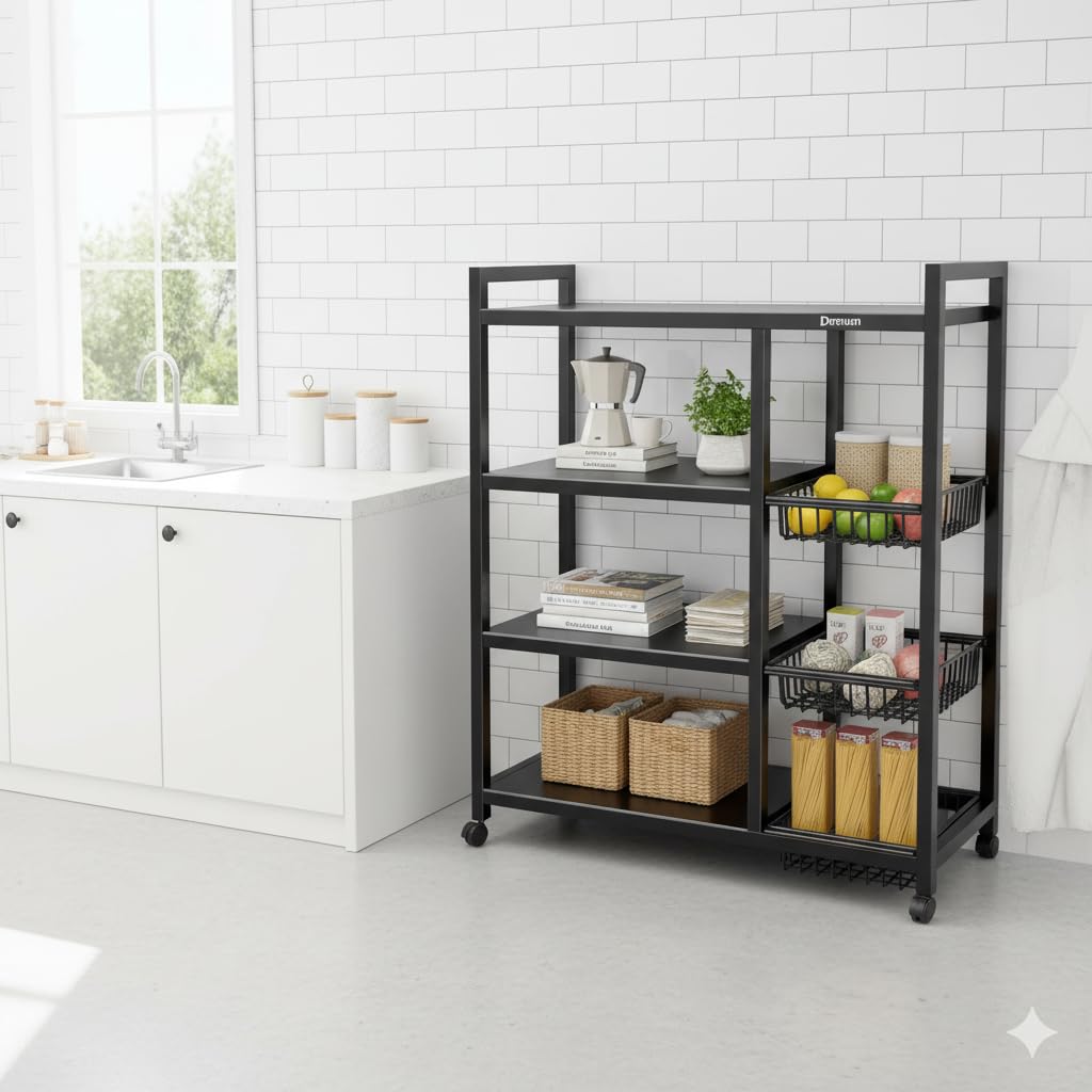 4‑Tier Heavy‑Duty Metal Shelf Rack with Slide‑Out Baskets & Lockable Wheels – Adjustable Shelving for Kitchen, Living Room, Garage - Image 2