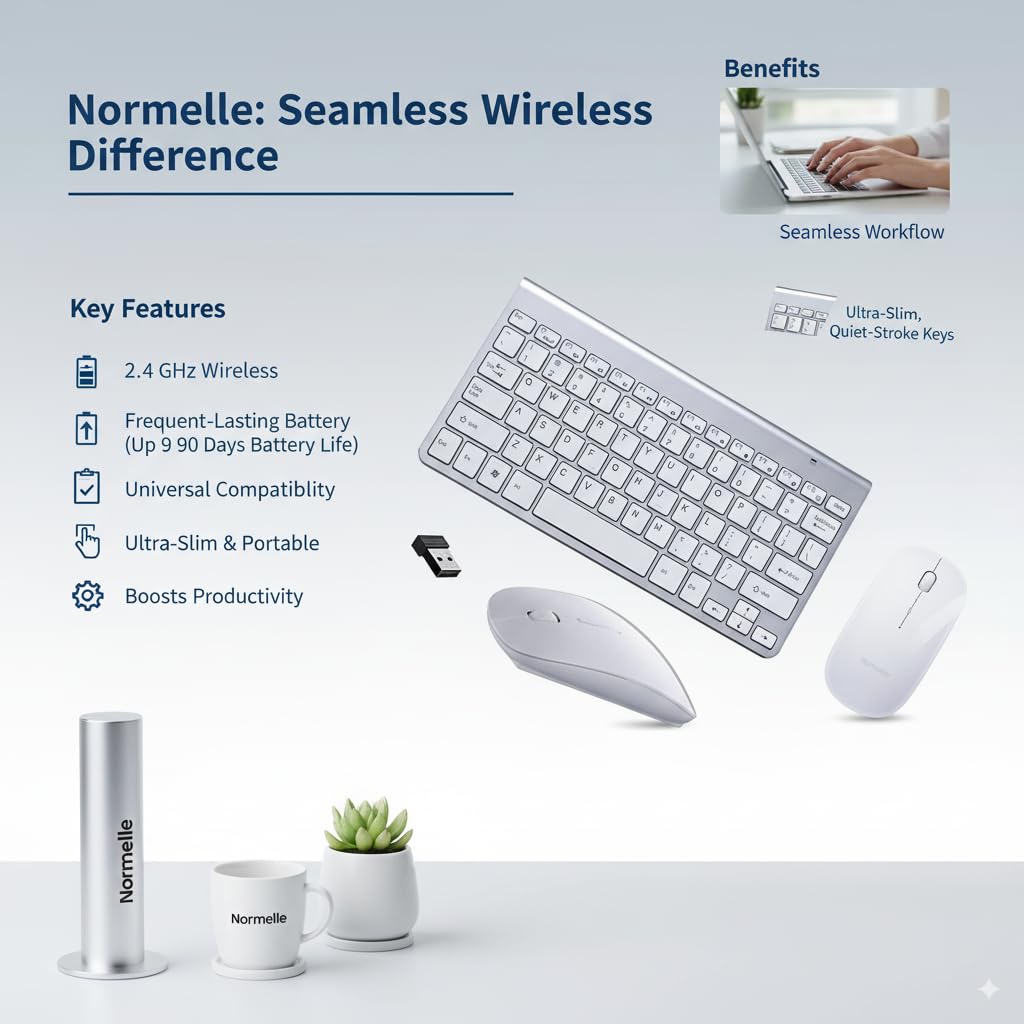 2.4GHz Wireless Keyboard and Mouse Combo Ultra Slim Portable Keyboard with USB Receiver Compatible with Laptop Desktop PC Mac Tablet Windows XP/Vista/7/8/10/11 Android OS – Silver White - Image 2