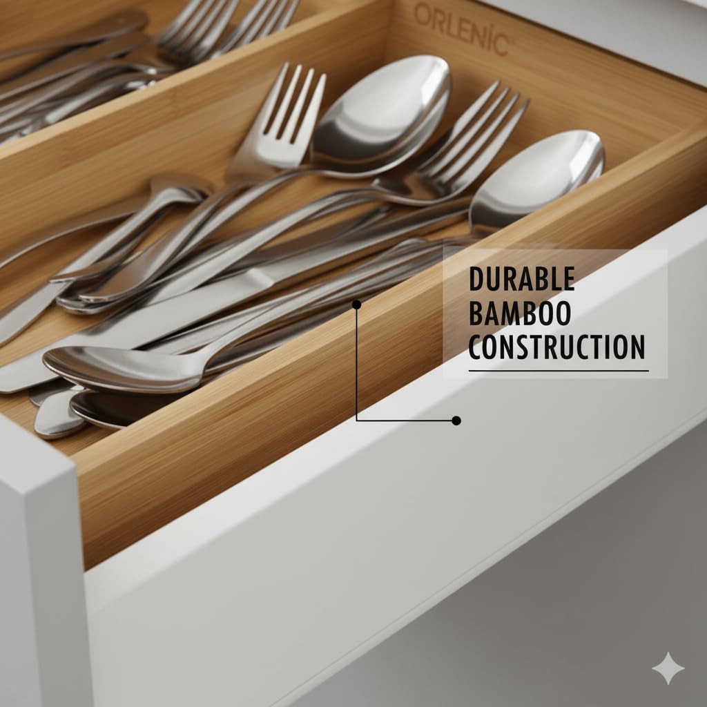 Bamboo Kitchen Drawer Tool Organizer – Rectangular Cutlery Tray for Utensils, Spoons, Forks & Tools | Natural Wooden Storage Box with Compartments for Home, Office & Desk Organization - Image 3
