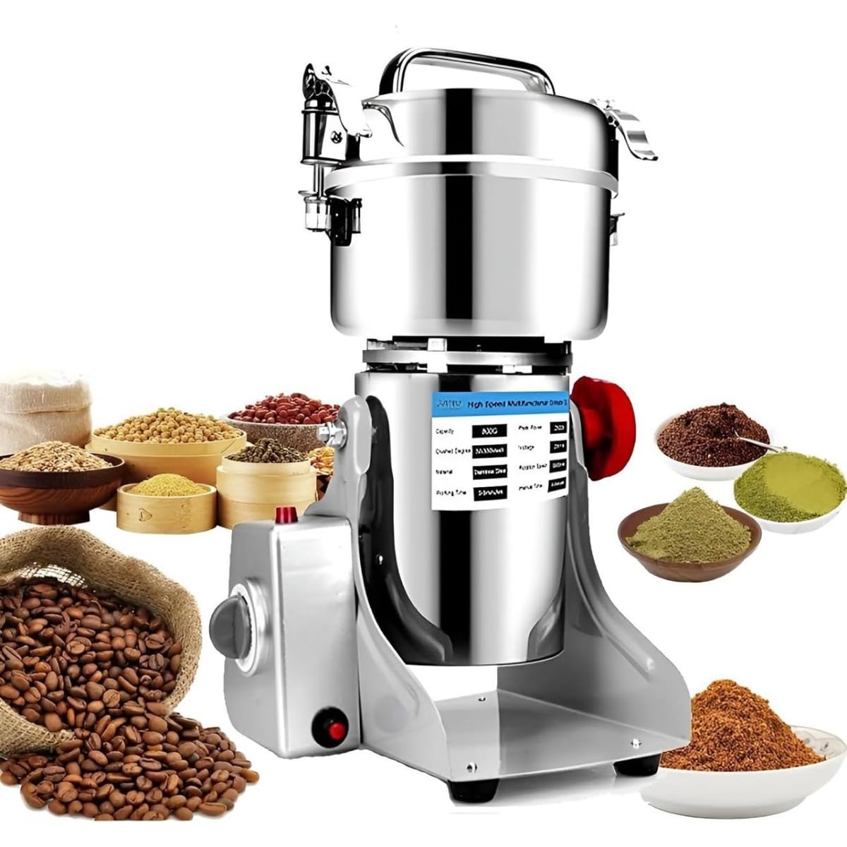 Spice Grinder Machine, 800g Electric Grain & Coffee Grinder, Superfine Mill for Herbs, Nuts, & Cereals, 30s Fast Grinding, 1800W, Overload Protection & 5min Timer, Dry Food Powder Crusher - Image 2