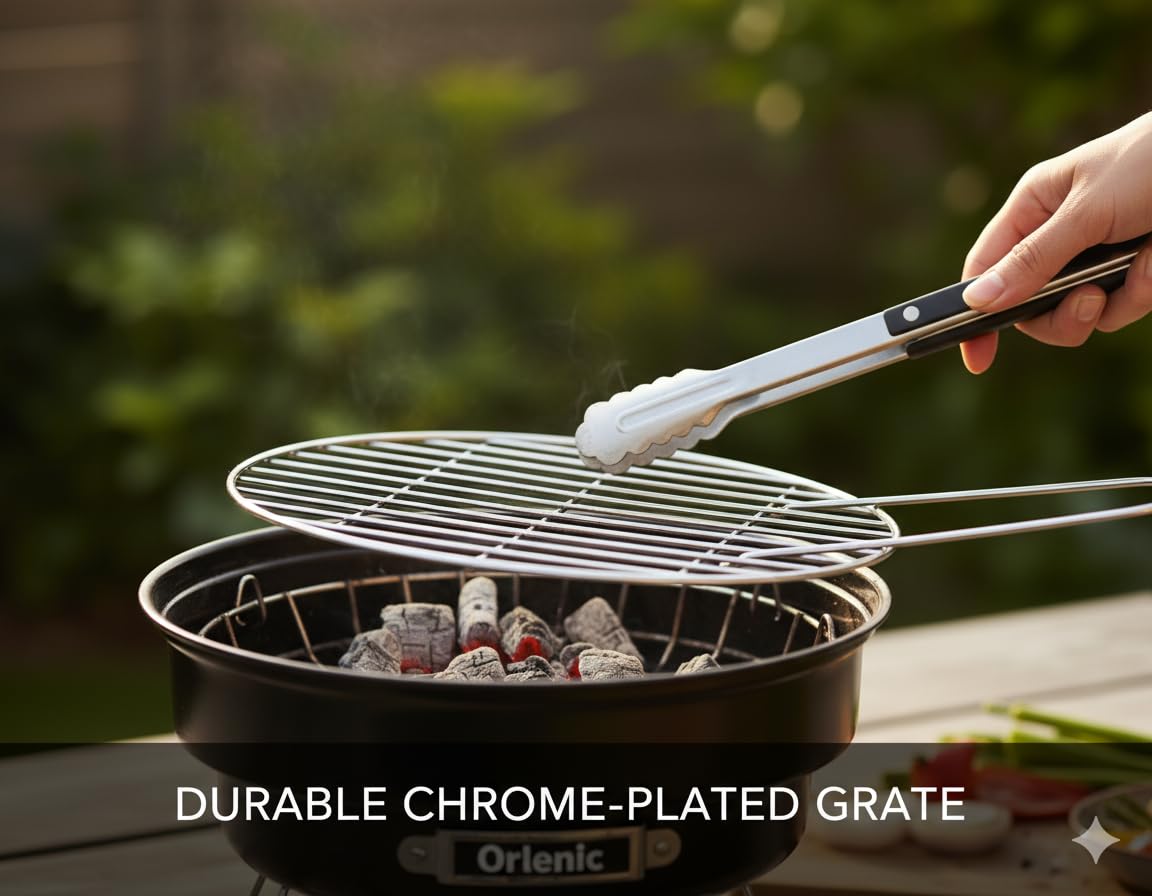 Portable Round Charcoal BBQ Grill – Compact Outdoor Barbecue with Chrome Plated Grates & Enameled Fire Bowl – Camping, Garden, Beach & Picnic Cooking – Easy Fold & Carry - Image 2