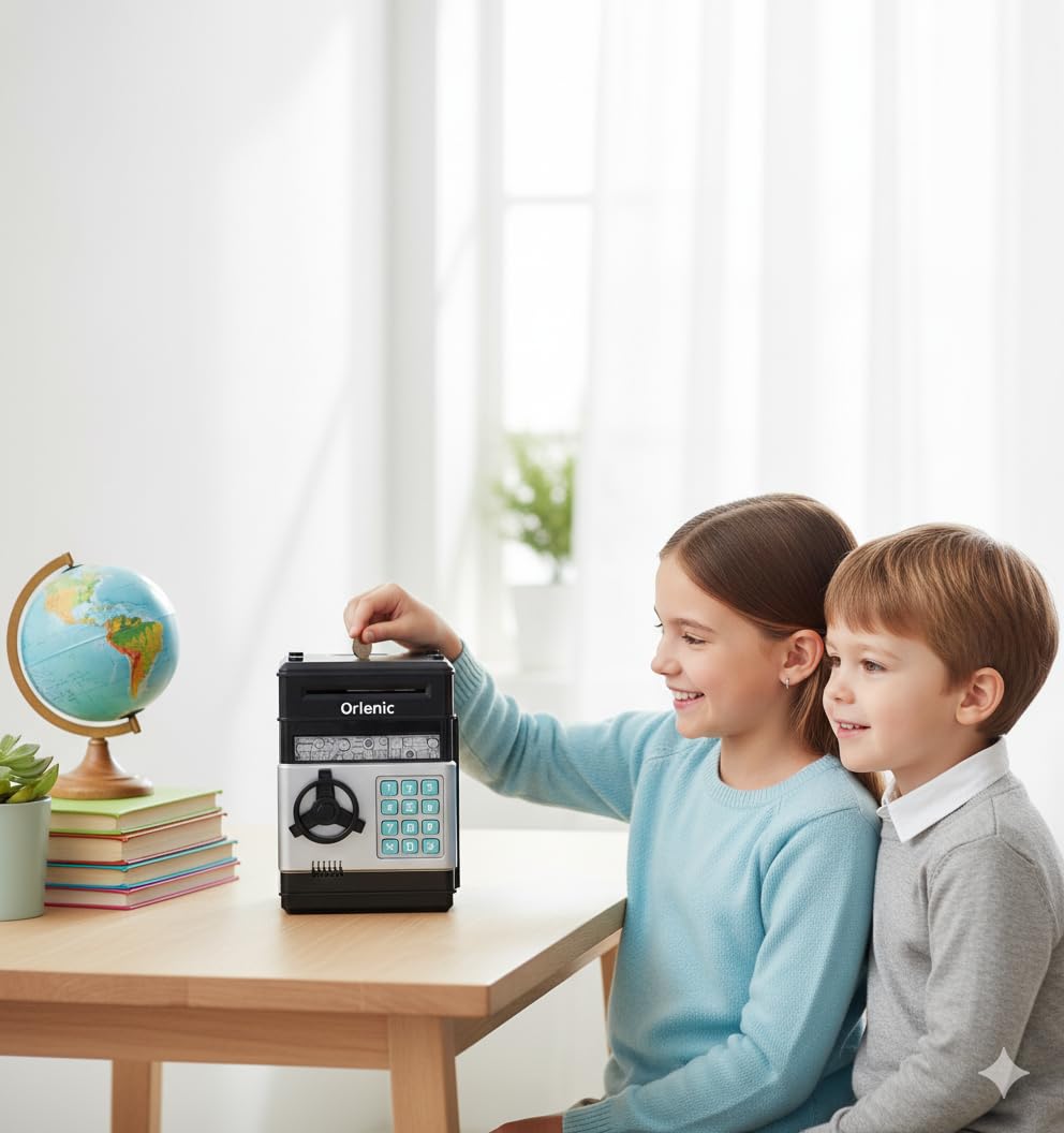 Kids Electronic Piggy Bank ATM for Boys Girls Age 3-12 – Password Protected Money Safe with Lights Sound – Mini Cash Coin Saving Box Toy with Auto Note Slot – Birthday Gift for Children Black - Image 3