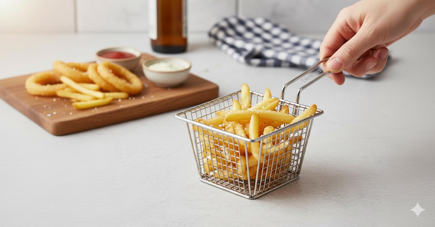 Stainless Steel Fryer Basket – Square Wire Mesh Serving Basket for French Fries, Chips, Snacks & Appetizers – Mini Silver Restaurant-Style Food Presentation - Image 2