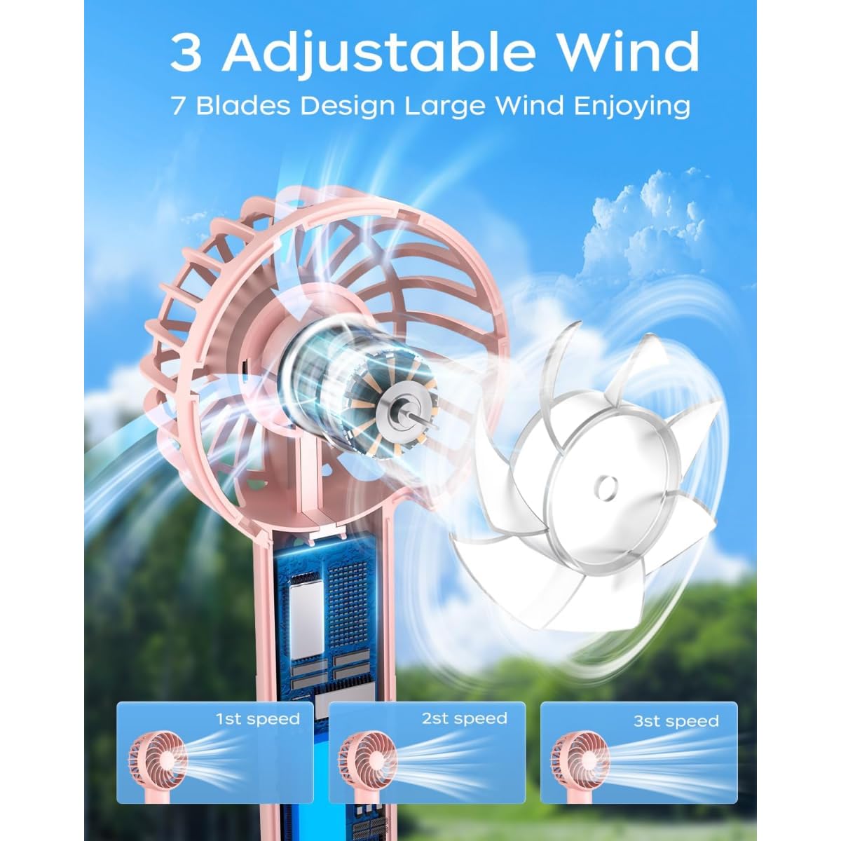 Portable Handheld Fan/USB Rechargeable, 3-Speed Powerful Airflow, Mini Personal Cooling Solution, Beat the Heat Anywhere, Perfect for Travel, Office, or Outdoor Use – Compact & Lightweight (Pink) - Image 5
