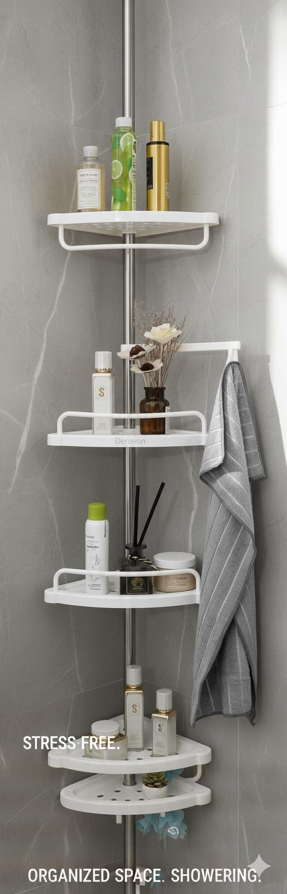 4‑Tier Tension‑Pole Corner Shower Caddy – Height‑Adjustable 150‑280 cm Rust‑Resistant 304 Stainless Organizer with Hooks & Drainable Shelves - Image 4