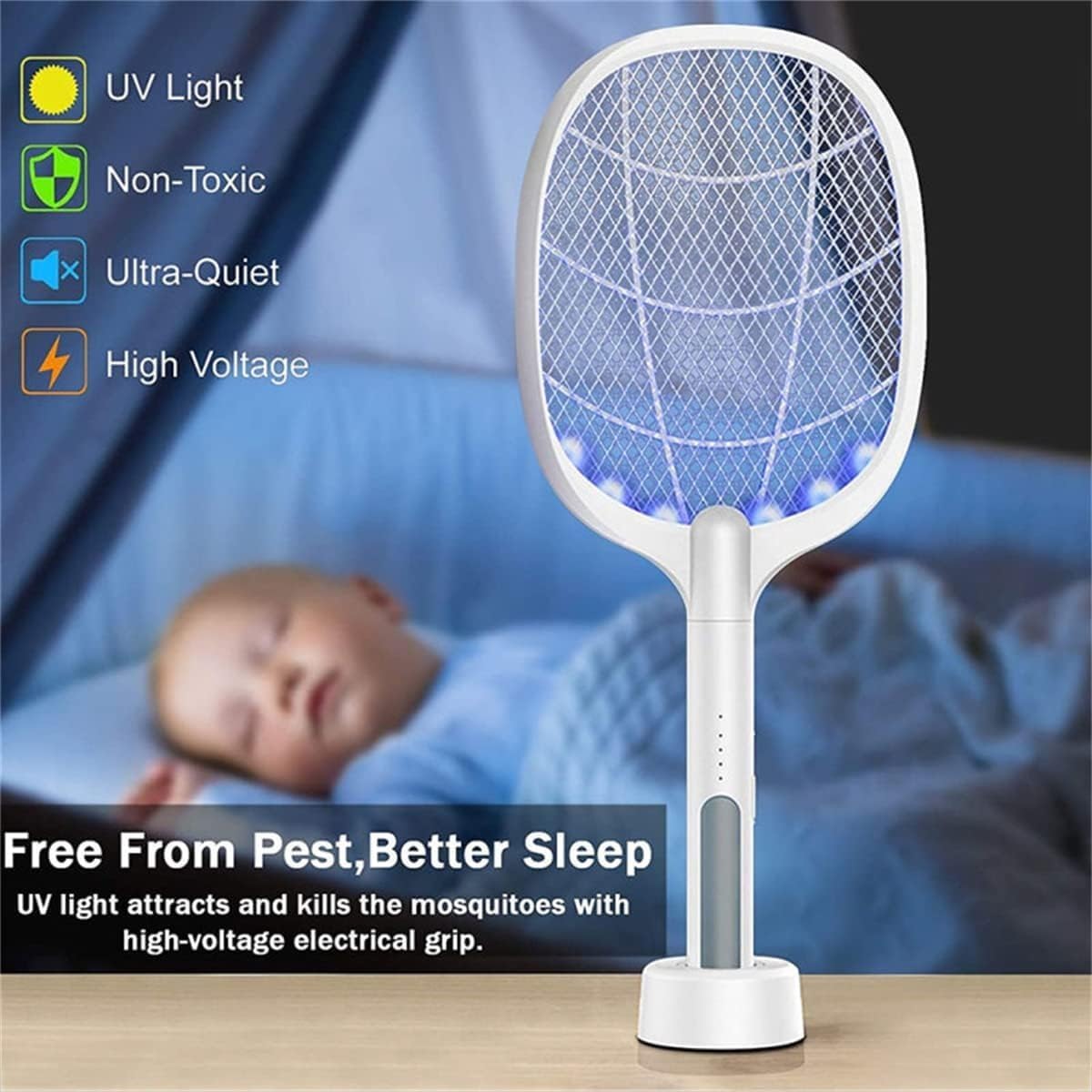 Electric Fly Swatter with UV Light – 4800V Mosquito Killer Racket – Fast USB Charging Bug Zapper – Dual-Mode Handheld & Stand Design – Safe for Home, Office, Bedroom & Outdoor Use - Image 5