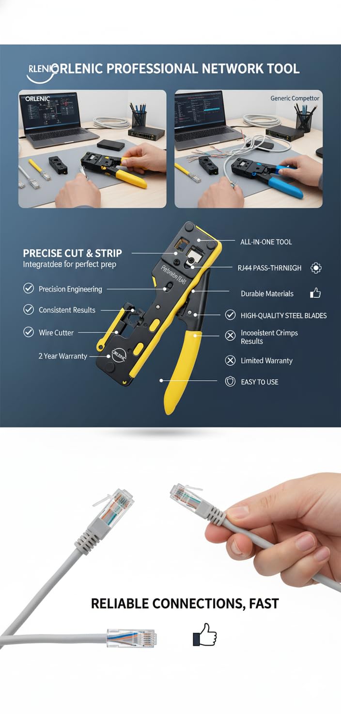 7 Wire Crimper Pass Through Crimping Tool – Multi-Function Ethernet Cable Crimping Pliers with RJ45 RJ11 Cutter Stripper – Heavy Duty Ratchet Network Cable Tool for RJ12 RJ45 RJ11 - Image 6