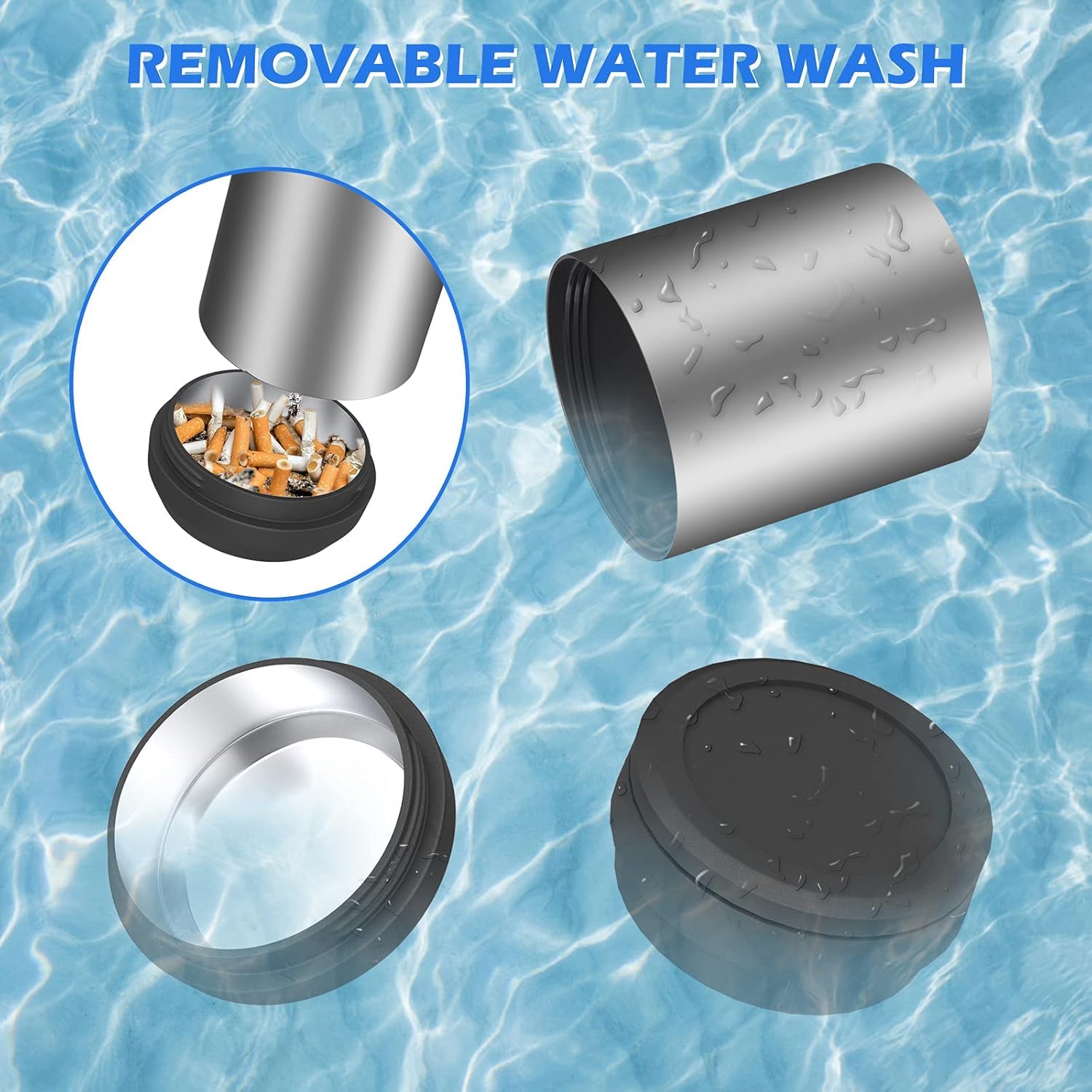 Portable Car Ashtray – Detachable Stainless Steel Mini Ash Tray with Lid & LED Blue Light, Smokeless & Windproof Design - Image 4