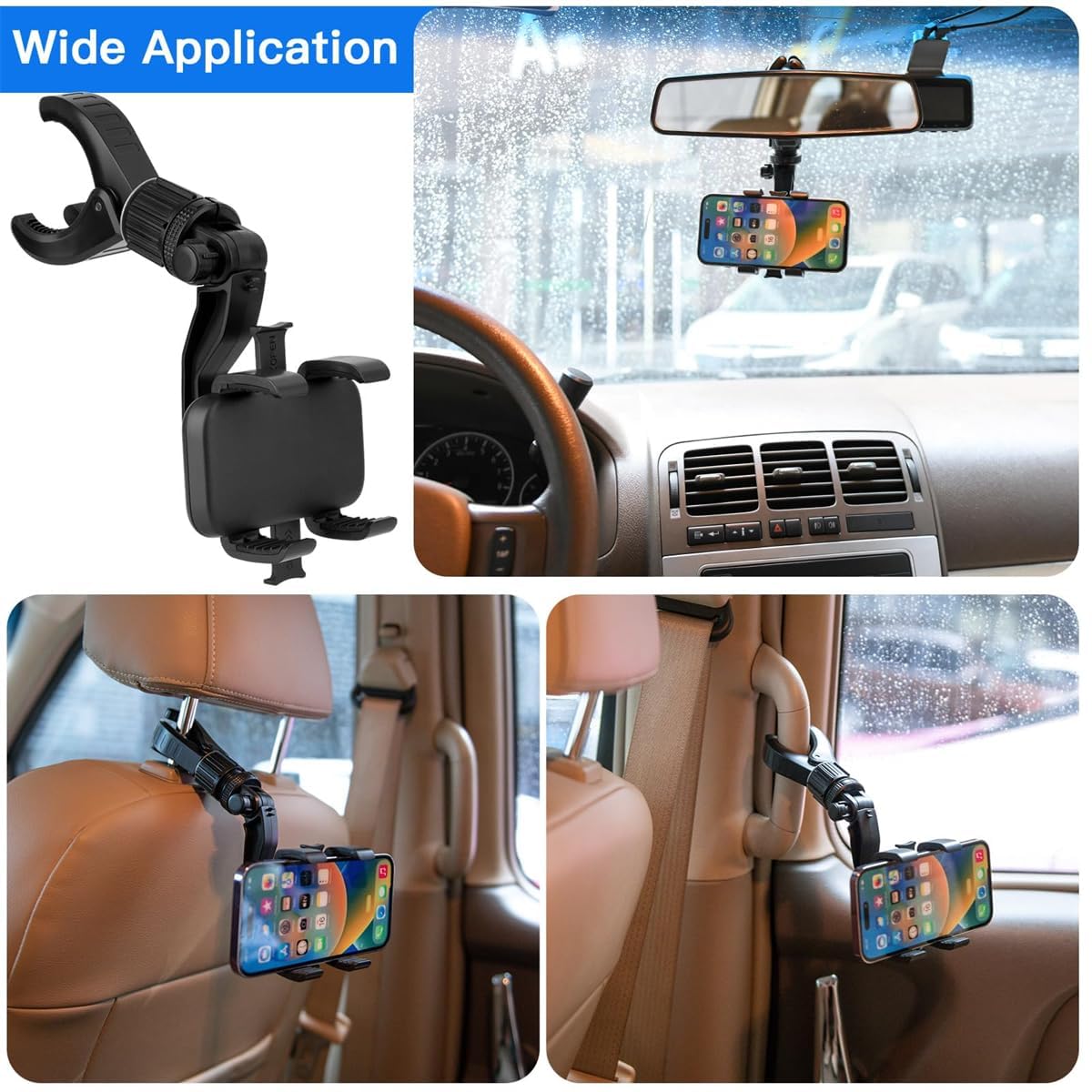universal rearview mirror phone mount – 360° adjustable rotating car holder, four-point secure grip, hands-free driving support, strong ABS clamp for daily commuting, ride share, road trips - Image 5