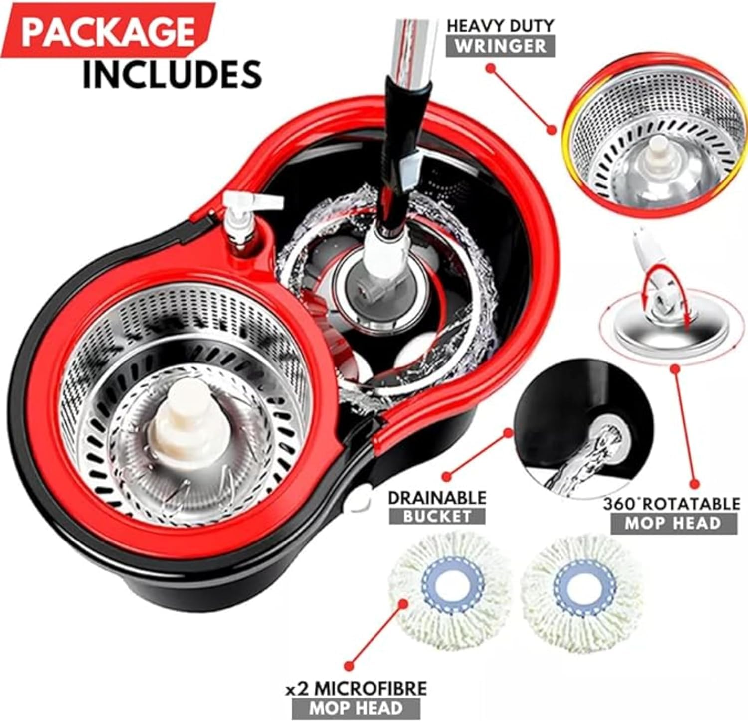 360 Degree Spin Mop Bucket Set with Stainless Steel Handle, 2 Microfiber Pads – Easy Clean for Hardwood, Tile, Marble Floors, Red - Image 6