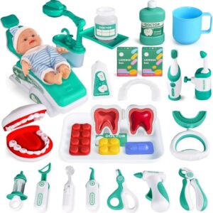 31-Piece Doctor & Dentist Pretend Play Kit – Kids Medical Playset with Role-Play Costume, Tools & Storage Case – Educational Toy for 3-6 Year Old Boys & Girls, Imaginative Learning Fun (Green)