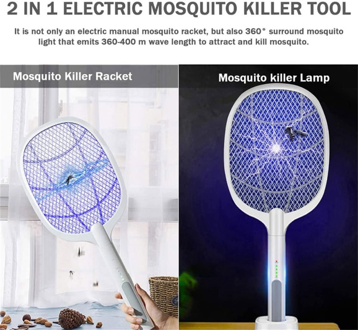 Electric Fly Swatter with UV Light – 4800V Mosquito Killer Racket – Fast USB Charging Bug Zapper – Dual-Mode Handheld & Stand Design – Safe for Home, Office, Bedroom & Outdoor Use - Image 2