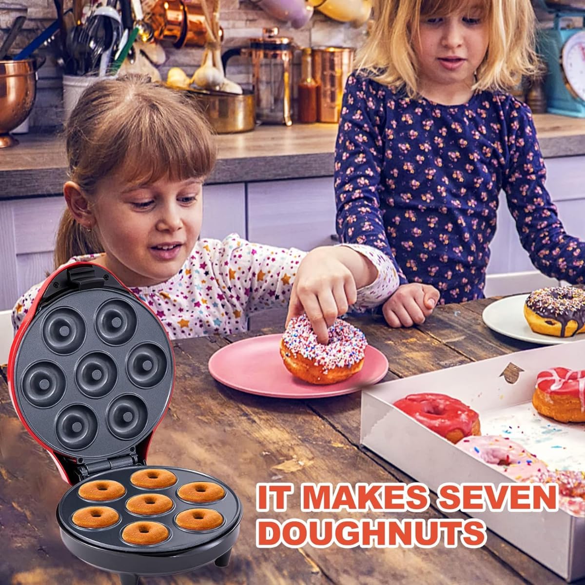 Effortless Mini Doughnut Maker, 7 Doughnuts, Non-Stick Surface, 1200W, DIY Breakfast, Snacks, Desserts, Cake Mix, Brownie Mix, Timer, Auto-Off, Space-Saving, Stylish Design, Family Fun & Easy - Image 4