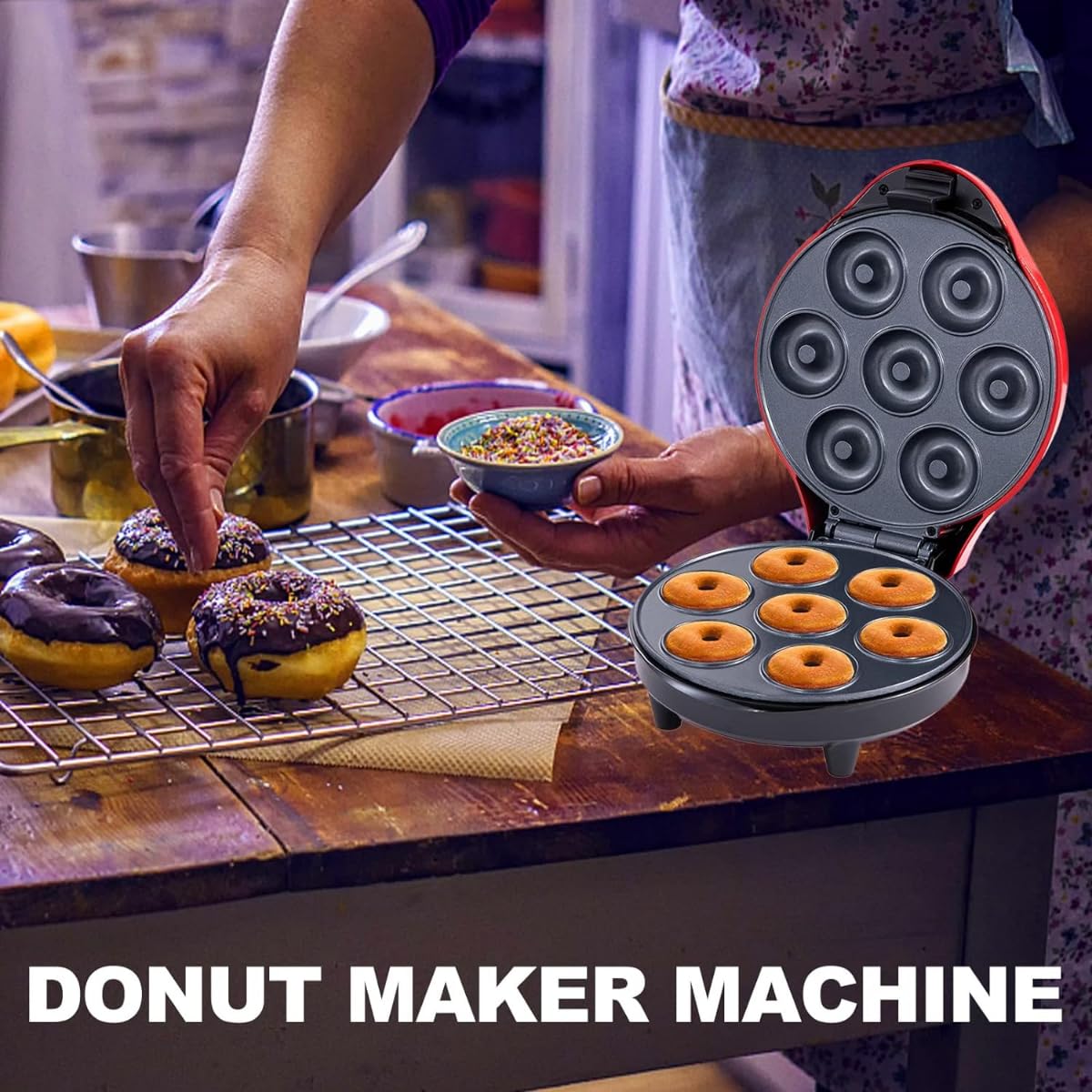 Effortless Mini Doughnut Maker, 7 Doughnuts, Non-Stick Surface, 1200W, DIY Breakfast, Snacks, Desserts, Cake Mix, Brownie Mix, Timer, Auto-Off, Space-Saving, Stylish Design, Family Fun & Easy - Image 5