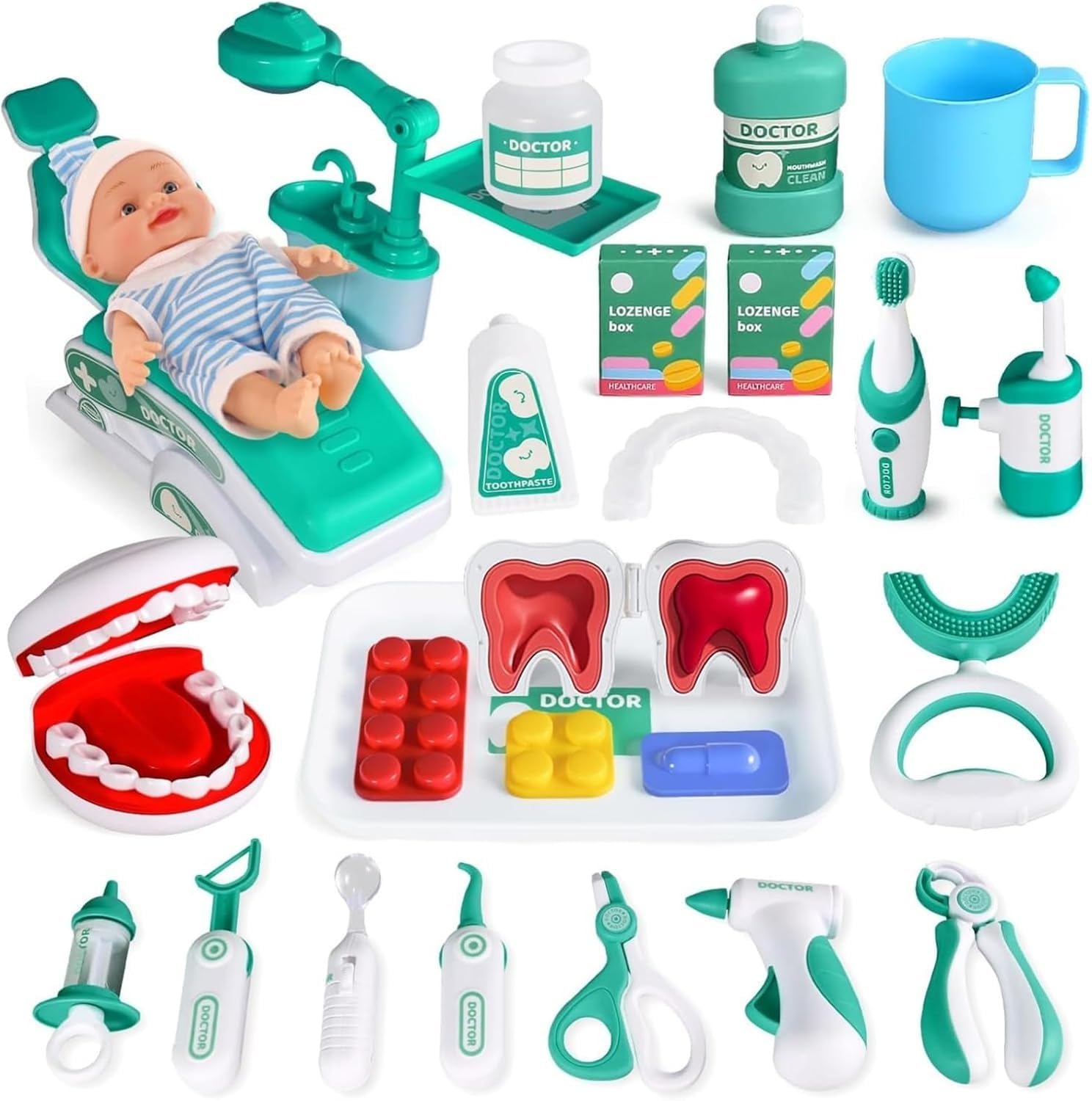 31-Piece Doctor & Dentist Pretend Play Kit – Kids Medical Playset with Role-Play Costume, Tools & Storage Case – Educational Toy for 3-6 Year Old Boys & Girls, Imaginative Learning Fun (Green) - Image 3