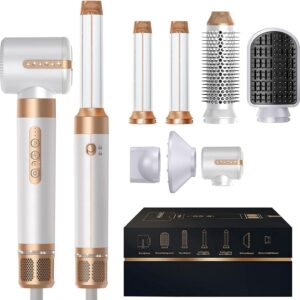 7 in 1 Blow Dryer Brush – Salon Hair Styler with Curling Iron, Straightener, Hot Air Brush – Ionic Technology & 110000 RPM High-Speed Motor – All-in-One Hair Tool for Women – White Gold Finish