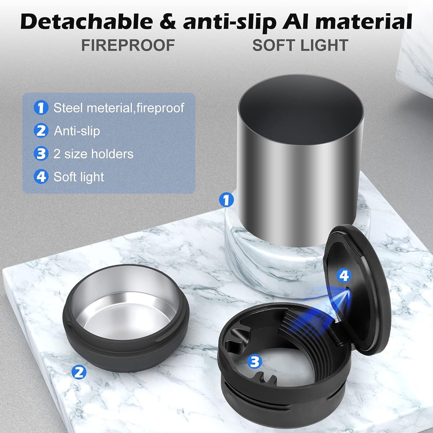 Portable Car Ashtray – Detachable Stainless Steel Mini Ash Tray with Lid & LED Blue Light, Smokeless & Windproof Design - Image 3