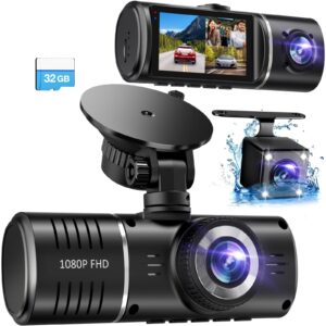 Car Dash Cam 3 Channel – 1080P Front + Inside + Rear View – HDR Vision, Emergency G-Sensor, Loop Recording DVR with 32GB Card, Parking Monitor for Taxi, Rideshare & Fleet Use