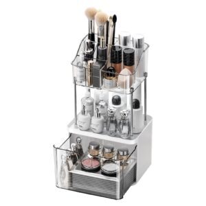 Gonaar Small Makeup Organizer with Drawers & Removable Top Lipstick Holder – Compact Cosmetic Storage Box for Vanity, Bathroom, Desk – White