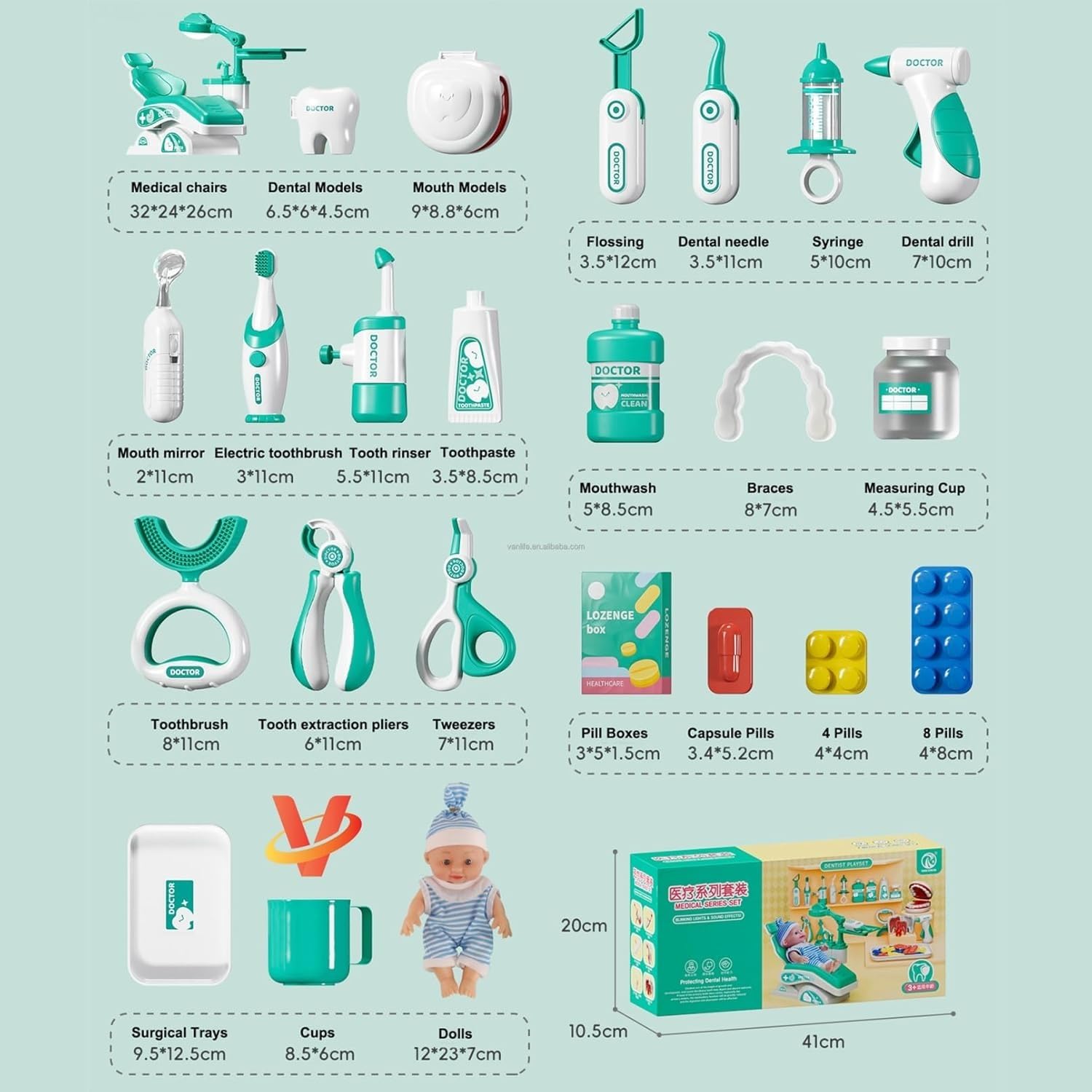 31-Piece Doctor & Dentist Pretend Play Kit – Kids Medical Playset with Role-Play Costume, Tools & Storage Case – Educational Toy for 3-6 Year Old Boys & Girls, Imaginative Learning Fun (Green) - Image 6