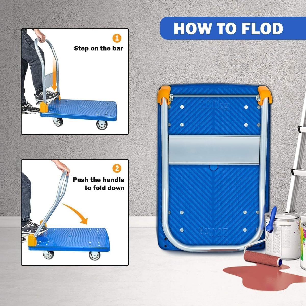 Platform Hand Truck/Heavy Duty Foldable Push Cart with 4 Wheels, Non-Slip Deck, and Sturdy Metal Handle for Warehouse, Office, or Home Use - Image 3