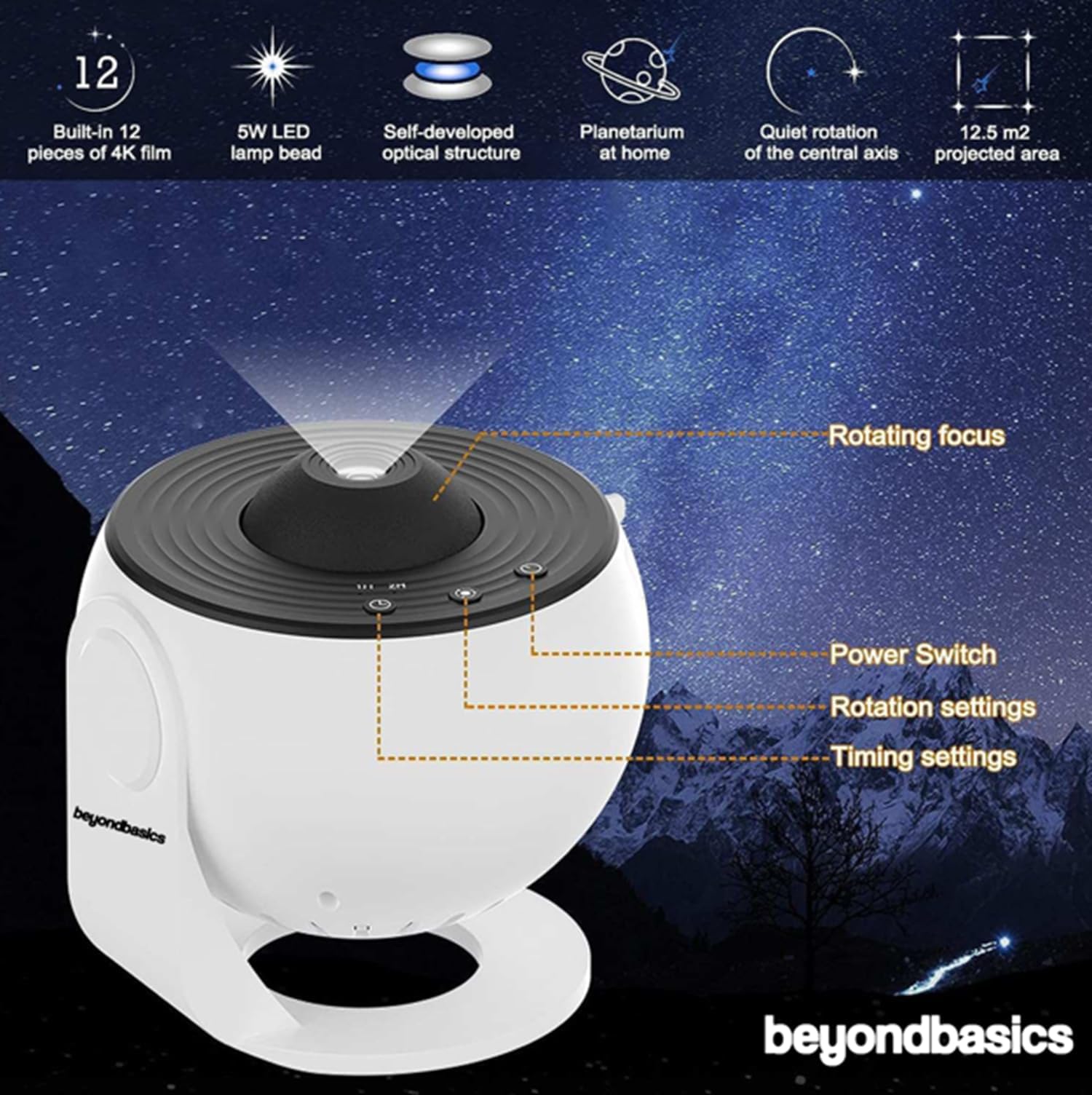 Star Projector for Bedroom – Aesthetic Galaxy Light – 360° Rotating Nebula Glow, 12 Scenic Discs, Mood Light for Relaxation, Modern Room Decor Night Light - Image 3