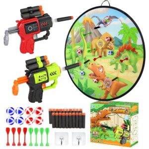 Dino Blast Dartboard Set: 2-in-1 Dinosaur Shooting Games with Nerf Toy Guns for Boys 4-10+, Indoor & Outdoor Fun, 29" Target, 20 Bullets, 8 Balls & 6 Darts, Party Game Toys for Kids
