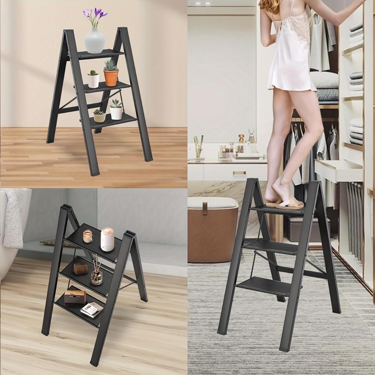 3 Step Ladder Aluminum Folding Step Stool/ 300 lb Capacity, Lightweight Portable Ladder with Wide Anti-Slip Pedals for Home Kitchen Office/Stylish Black, Safety Lock, Space-Saving Design - Image 5