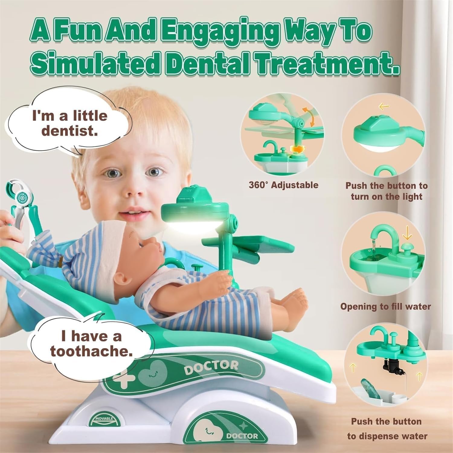 31-Piece Doctor & Dentist Pretend Play Kit – Kids Medical Playset with Role-Play Costume, Tools & Storage Case – Educational Toy for 3-6 Year Old Boys & Girls, Imaginative Learning Fun (Green) - Image 5
