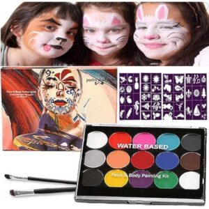 Face Paint Kit for Kids , Non-Toxic, Hypoallergenic 15-Color Face Painting Set with 2 Brushes & 40 Stencils, Water-Activated Body Makeup for Halloween, Cosplay, Parties & Costumes