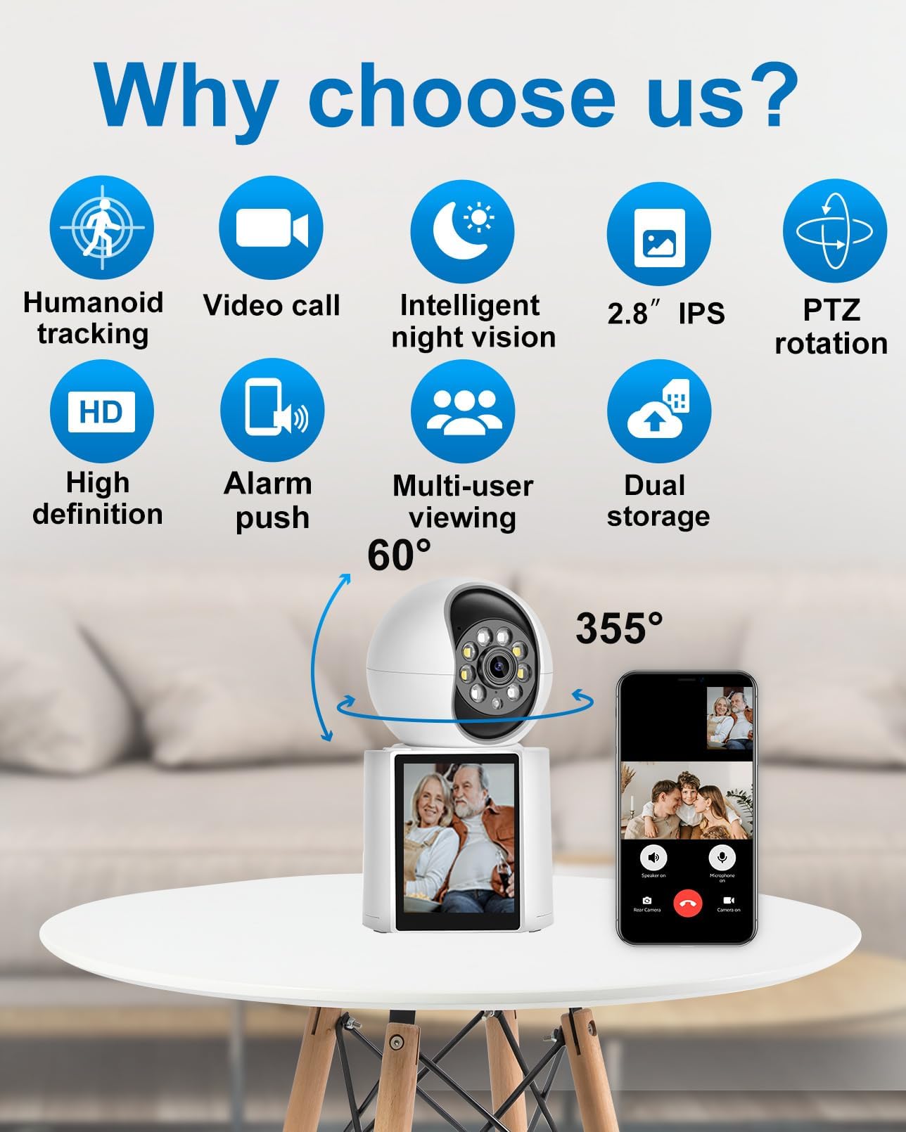 2K Indoor Smart Camera with 2.8” Screen – Two-Way Video Calling, Cry Detection, Human Motion & Sound Alerts, Night Vision, App Control – Baby, Elder, Dog, Pet Monitor with One-Touch Call Feature - Image 5