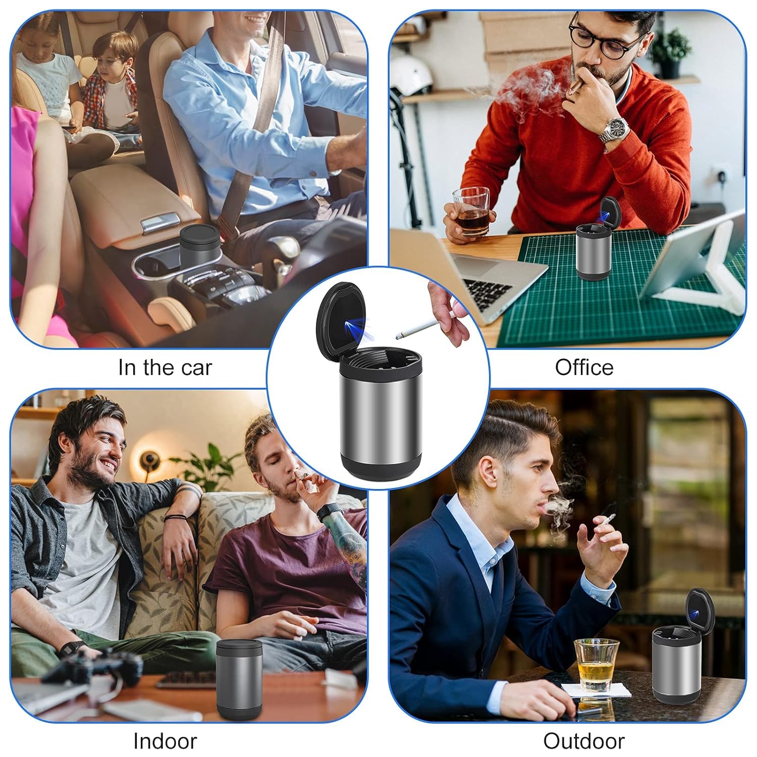 Portable Car Ashtray – Detachable Stainless Steel Mini Ash Tray with Lid & LED Blue Light, Smokeless & Windproof Design - Image 6